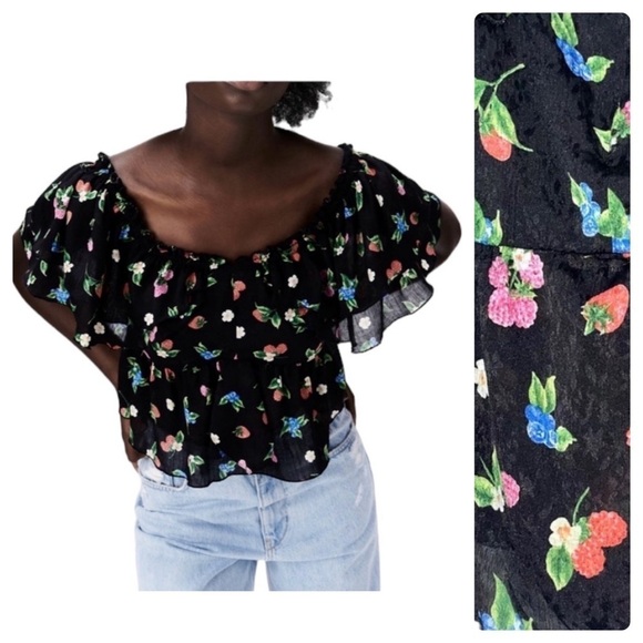 Zara crop top flutter sleeves fruits berry novelty black womens XS - Picture 1 of 10